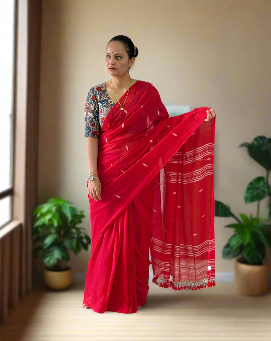 Handloom Mul Cotton Jamdani Butta Saree - Red