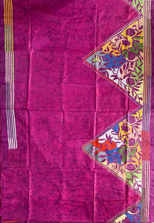 Reverse Kantha Stitch Hand Embroidered Art Silk Saree With Blouse