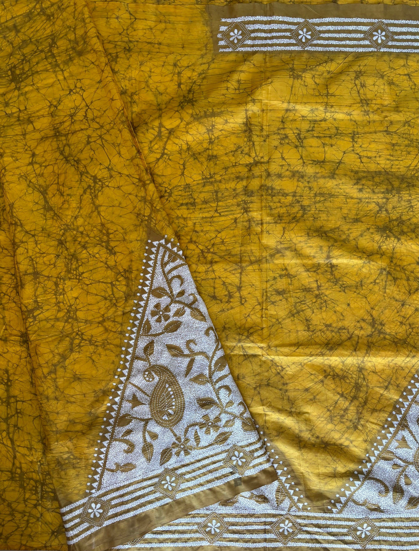 Reverse Kantha Hand Embroidered Hand Batik Art Silk Saree With Blouse