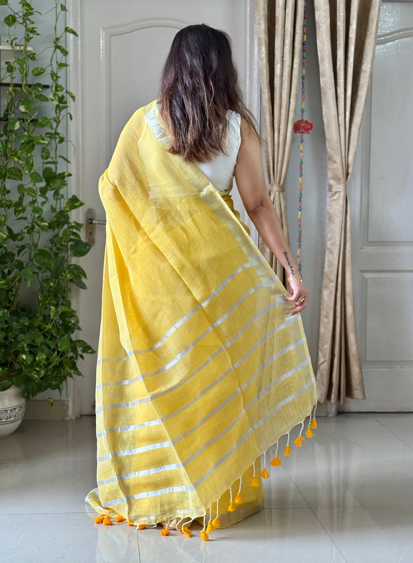 Linen By Linen Saree With Blouse - yellow