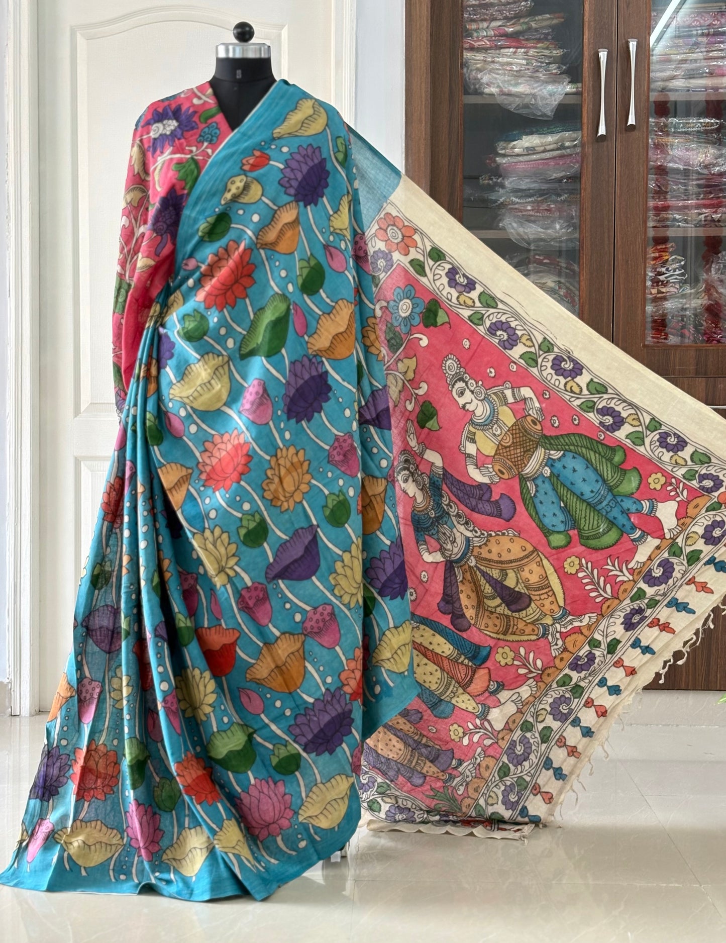 Pen Kalamkari hand painted pure cotton Saree with blouse