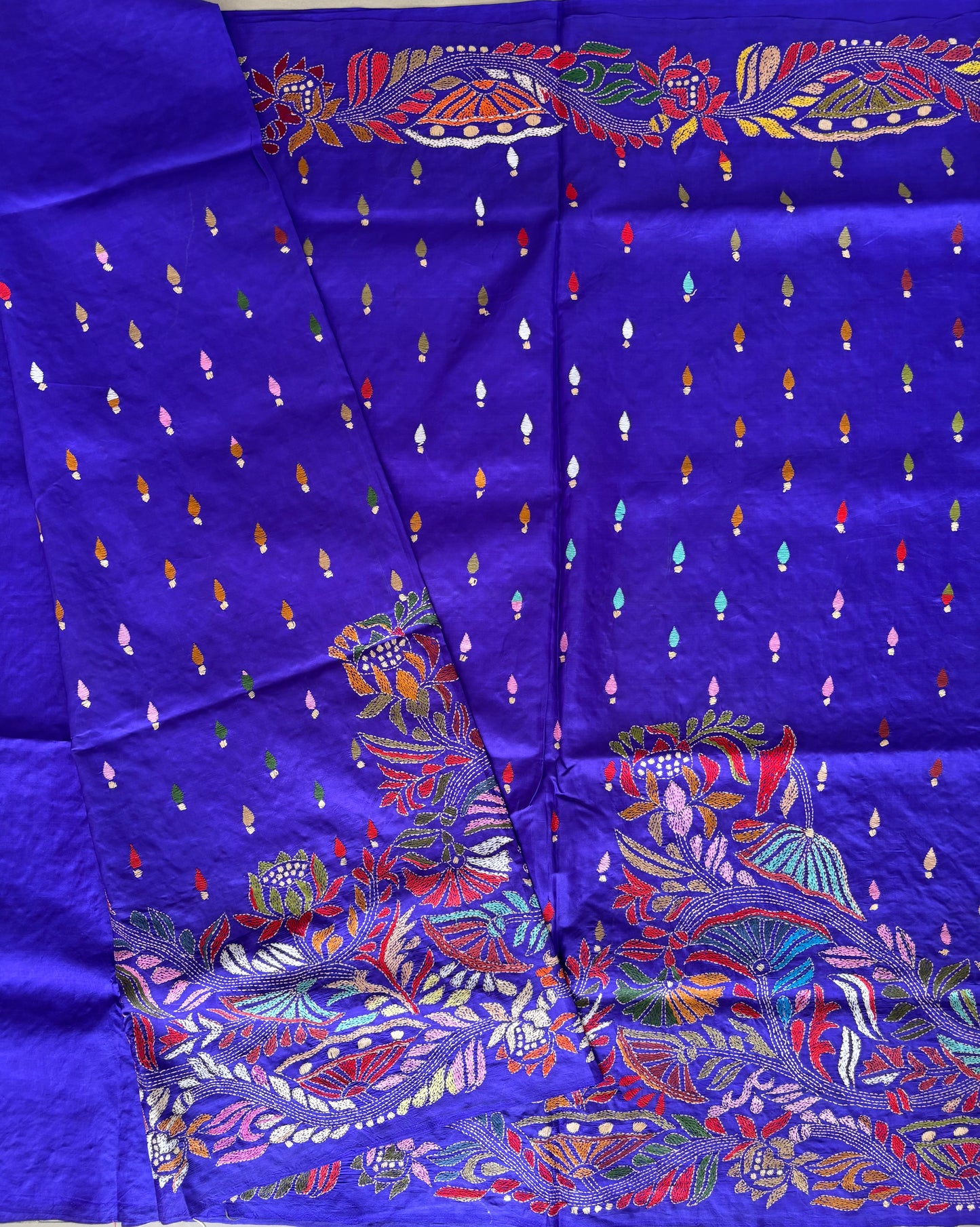 Blue Kantha Stitch Hand Embroidered Pure Banglore Silk Saree