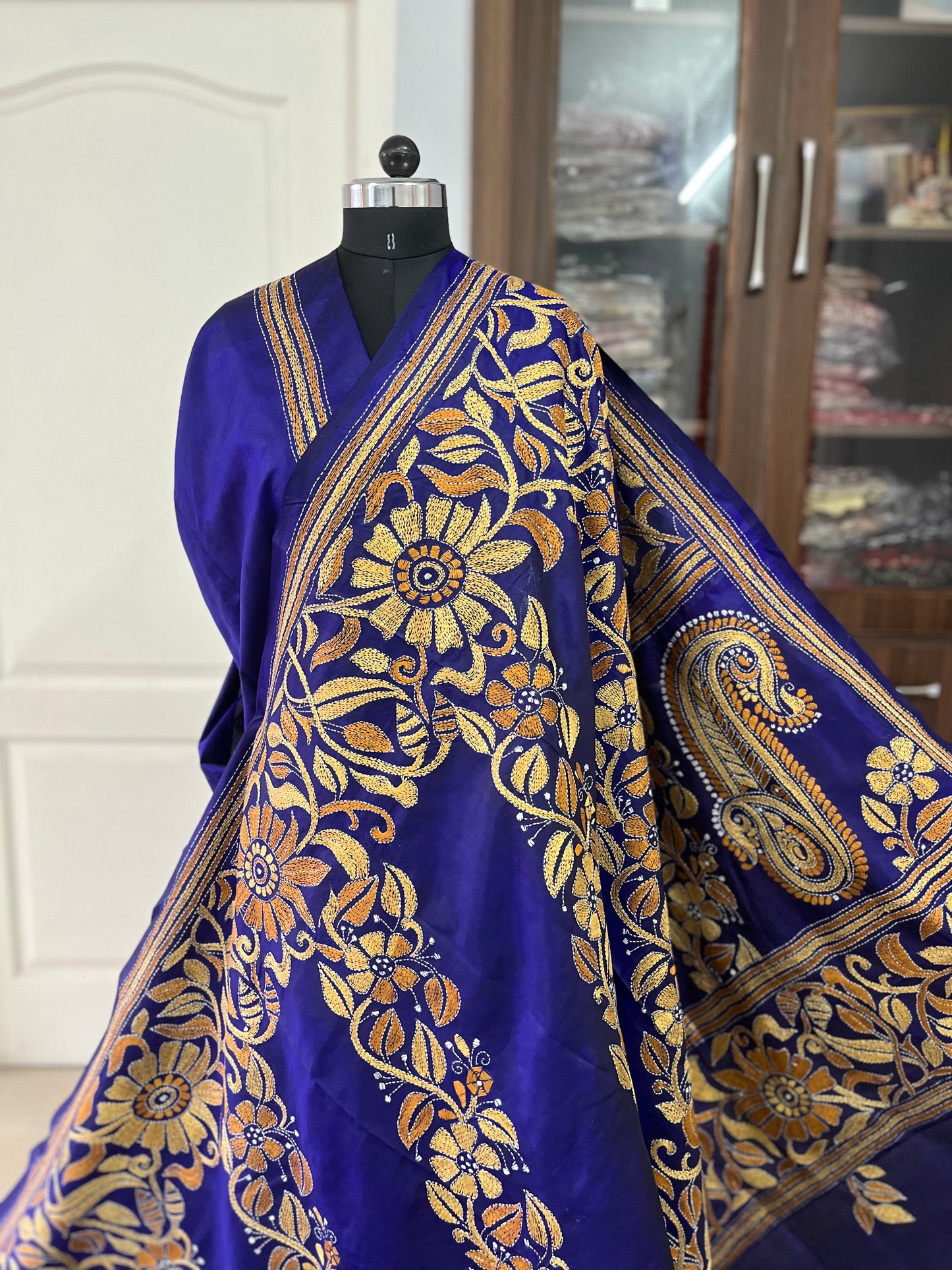 Kantha Hand Embroidered Pure Bangalore Silk Saree (Silk Marked)