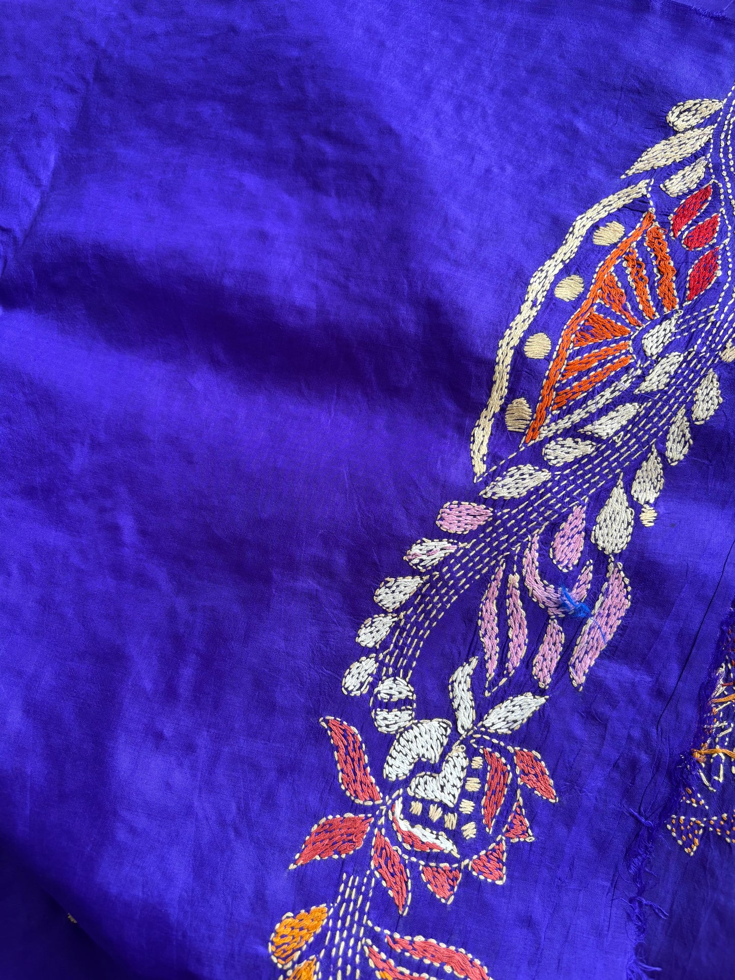 Blue Kantha Stitch Hand Embroidered Pure Banglore Silk Saree