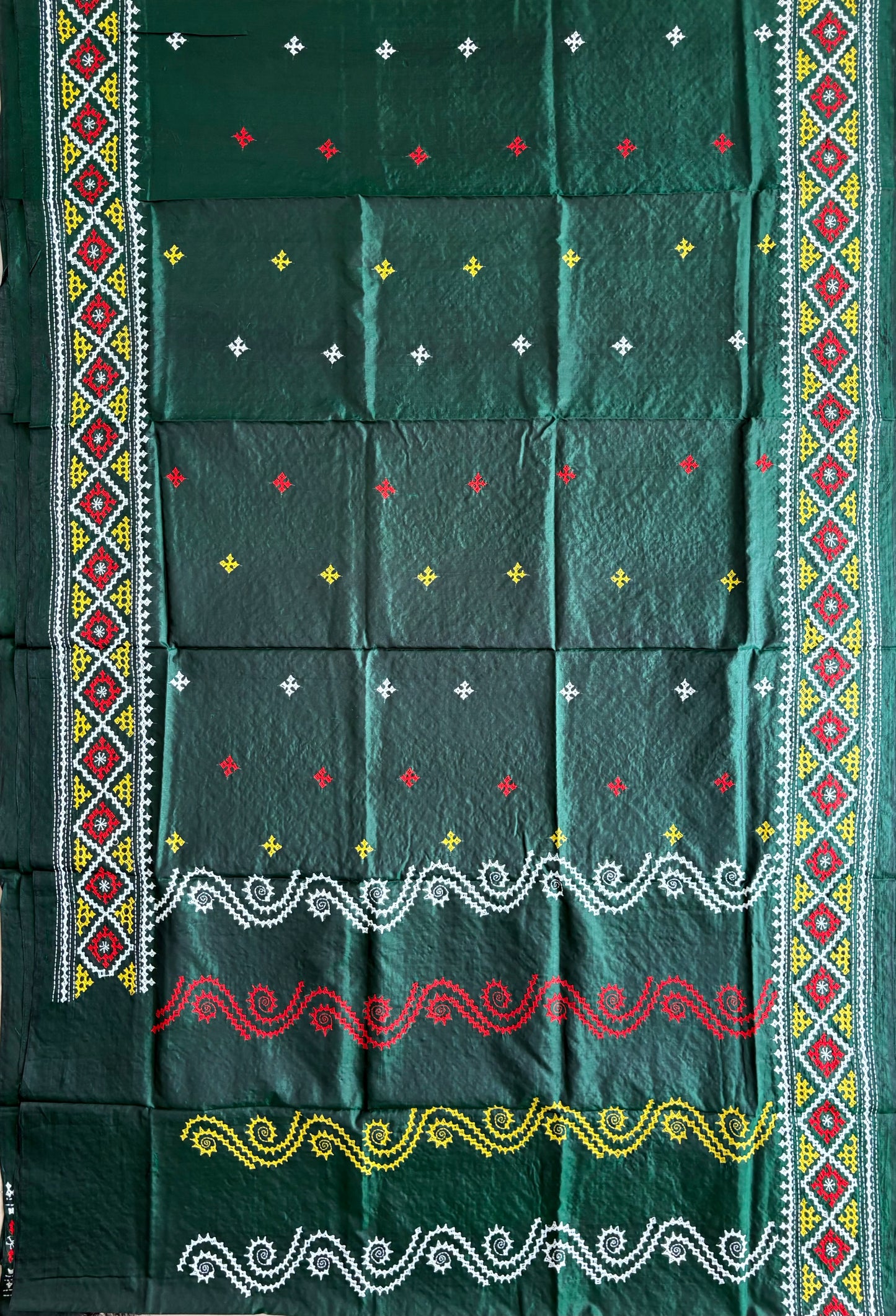 Kutch Hand Embroidered Pure Banglore Silk Saree – Green (Silk Marked)