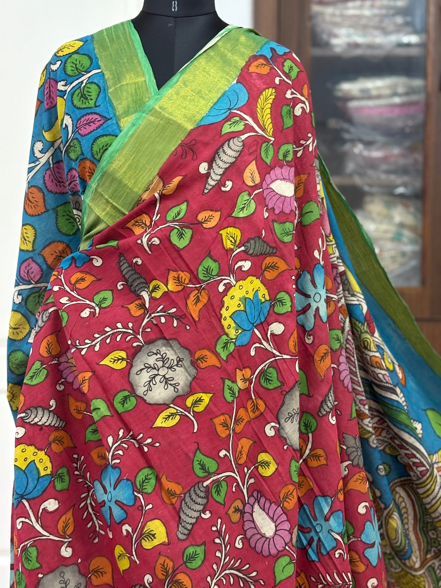 Pen Kalamkari hand painted pure cotton Saree with blouse