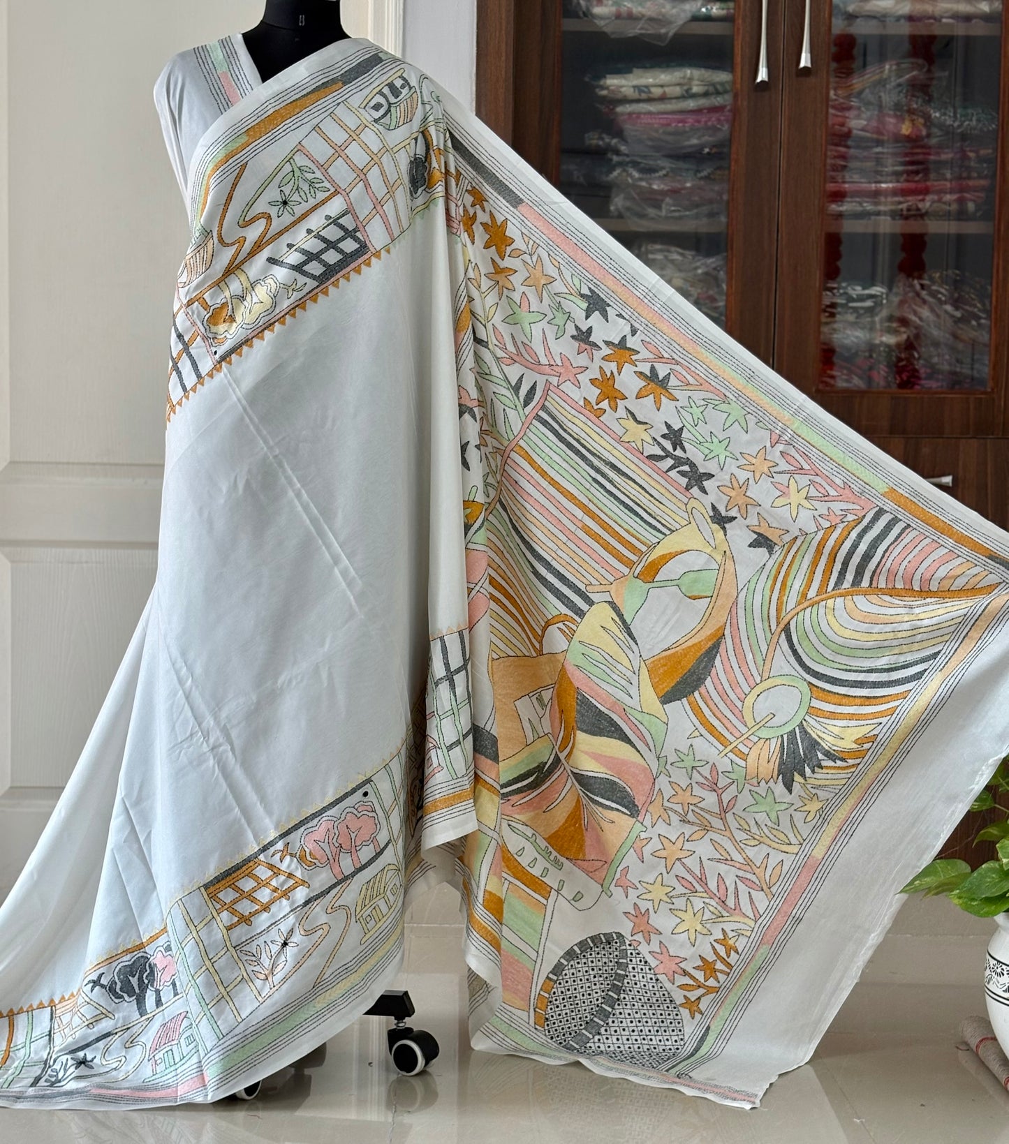 Off White Hand Embroidered Kantha Stitch Saree in Artificial Silk