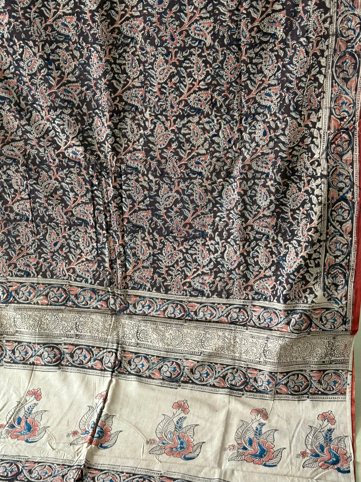 Kalamkari printed malmal cotton Saree with blouse