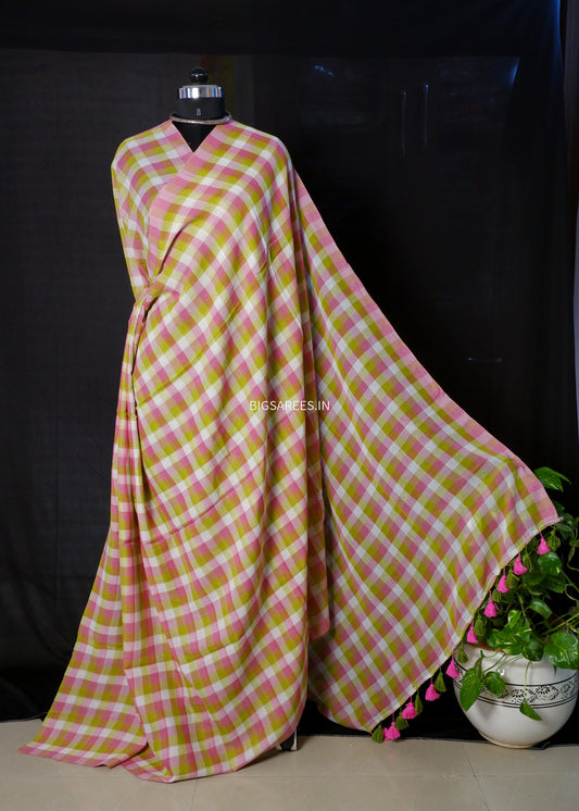 Checkered Mul Cotton Saree With Ikat Blouse | Ultra Lightweight |