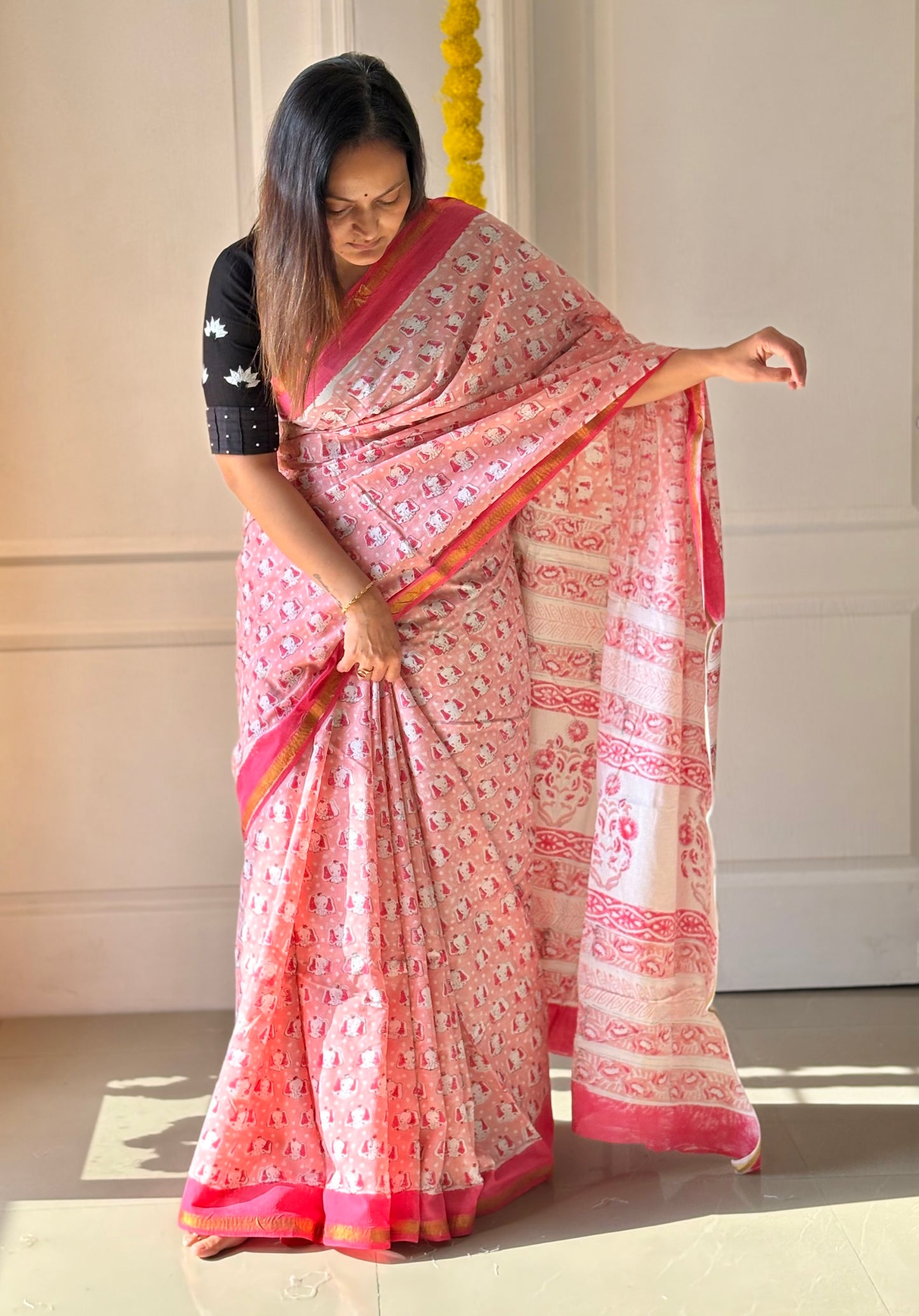 Handblock Printed Natural Dye Mulmul Cotton Saree