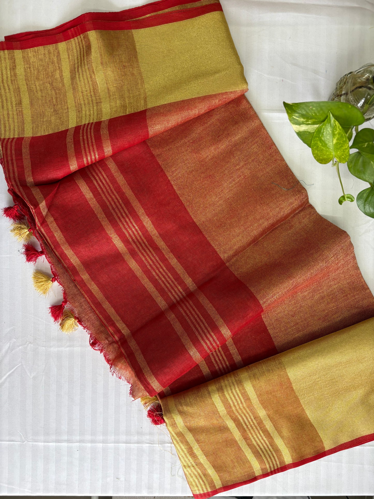 Red golden pure Linen By Linen Saree With running Blouse