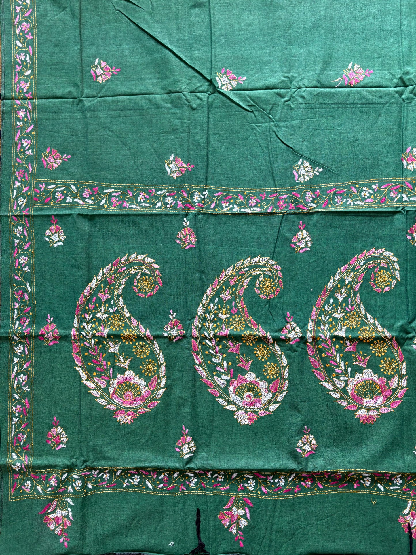 Kantha stitch Khadi Cotton Saree - Green