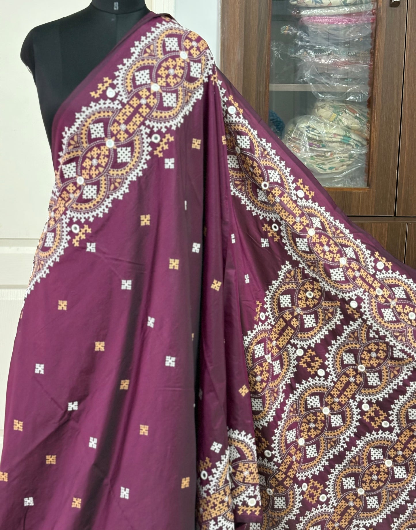Mirror work Gujrati Stitch/Kutch Hand Embroidered Art Silk Saree