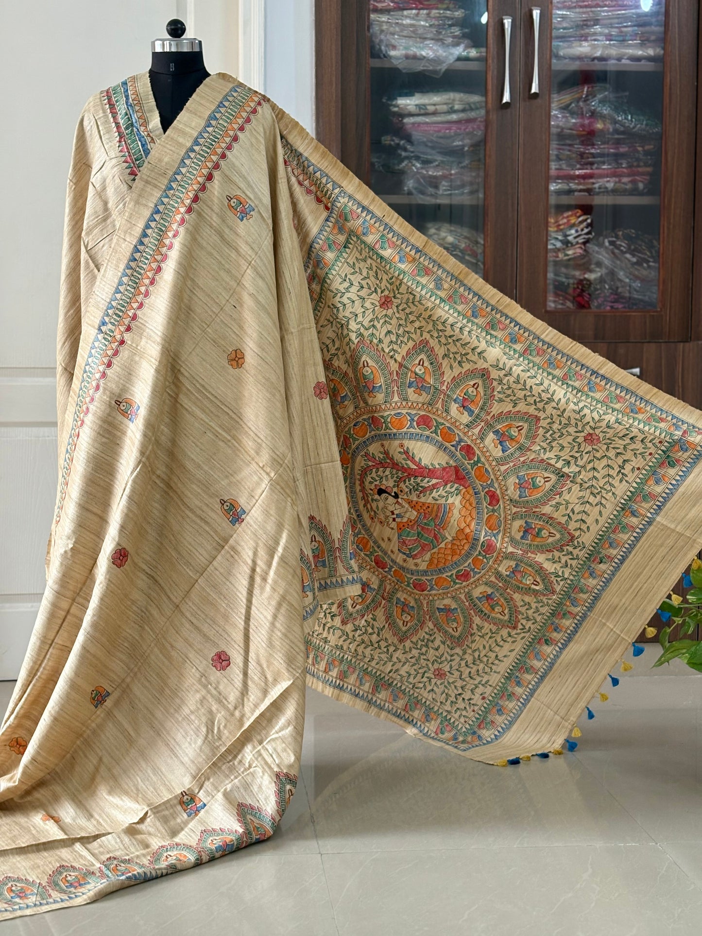 Pure Tussar Ghicha Silk Handcrafted Madhubani Saree (Silk Marked)