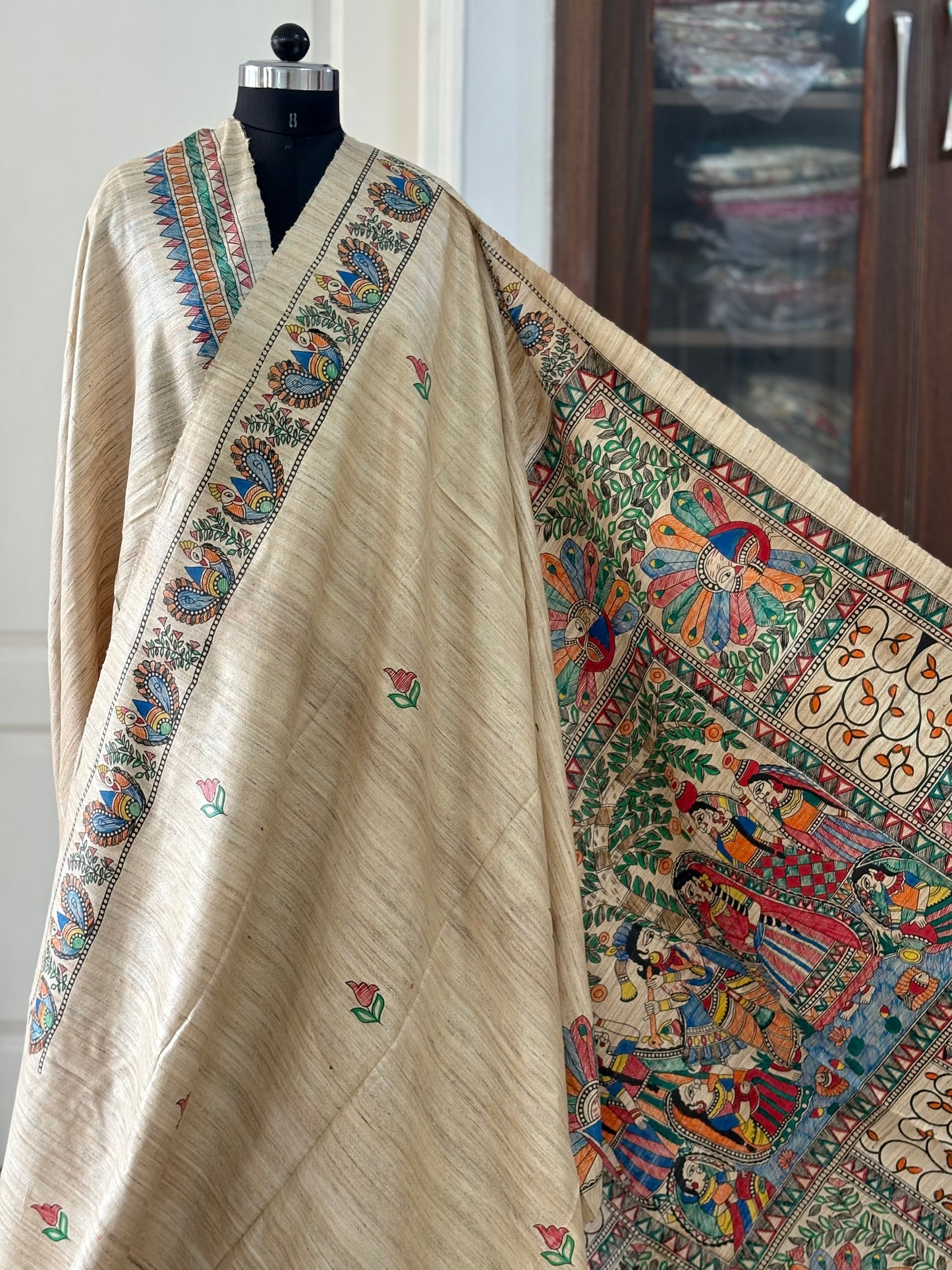 Pure Tussar Ghicha Silk Handcrafted Madhubani Saree (Silk Marked)
