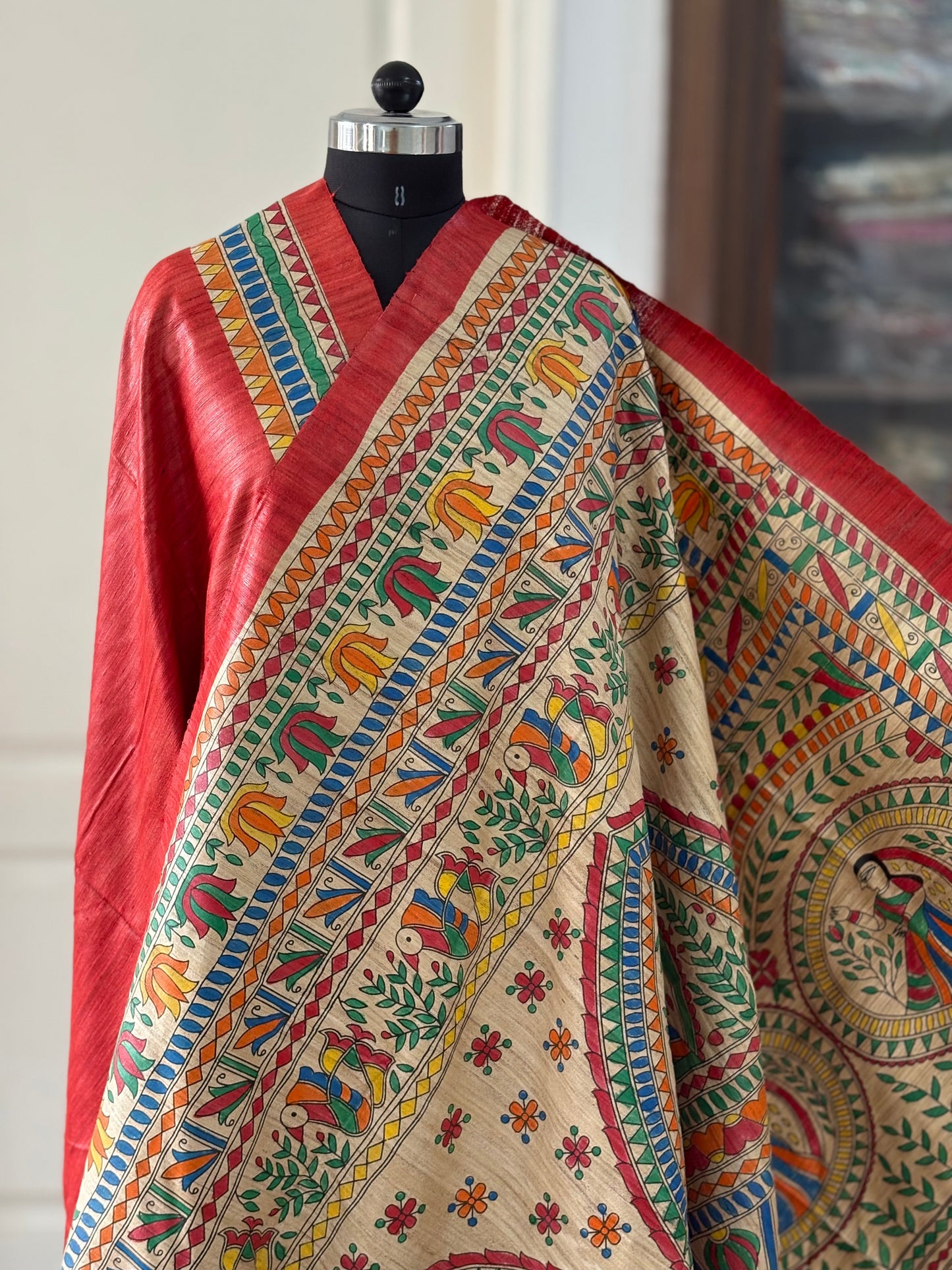 Pure Tussar Ghicha Silk Handcrafted Madhubani Half Saree (Silk Marked)