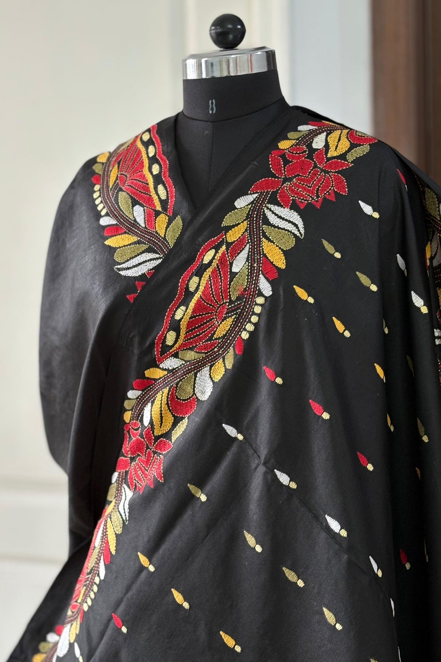 Black Kantha Stitch Hand Embroidered Pure Banglore Silk Saree (Silk Marked)