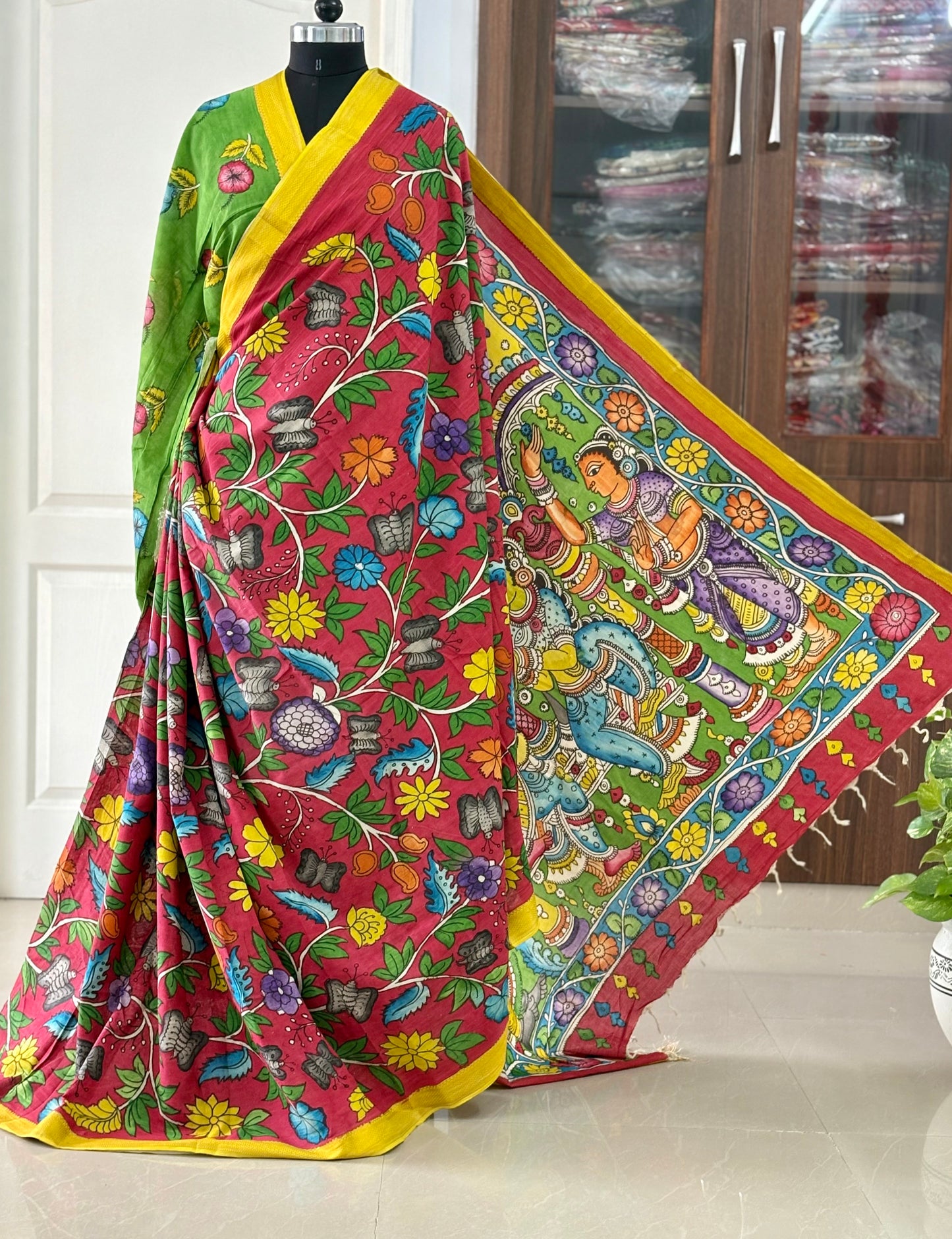 Pen Kalamkari hand painted pure cotton Saree with blouse