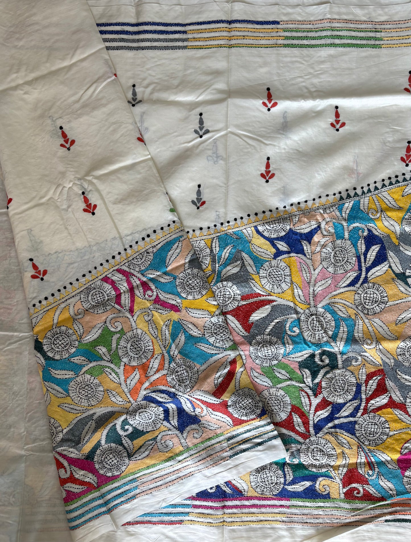 Off white Kantha Stitch Saree on Hand Art Silk