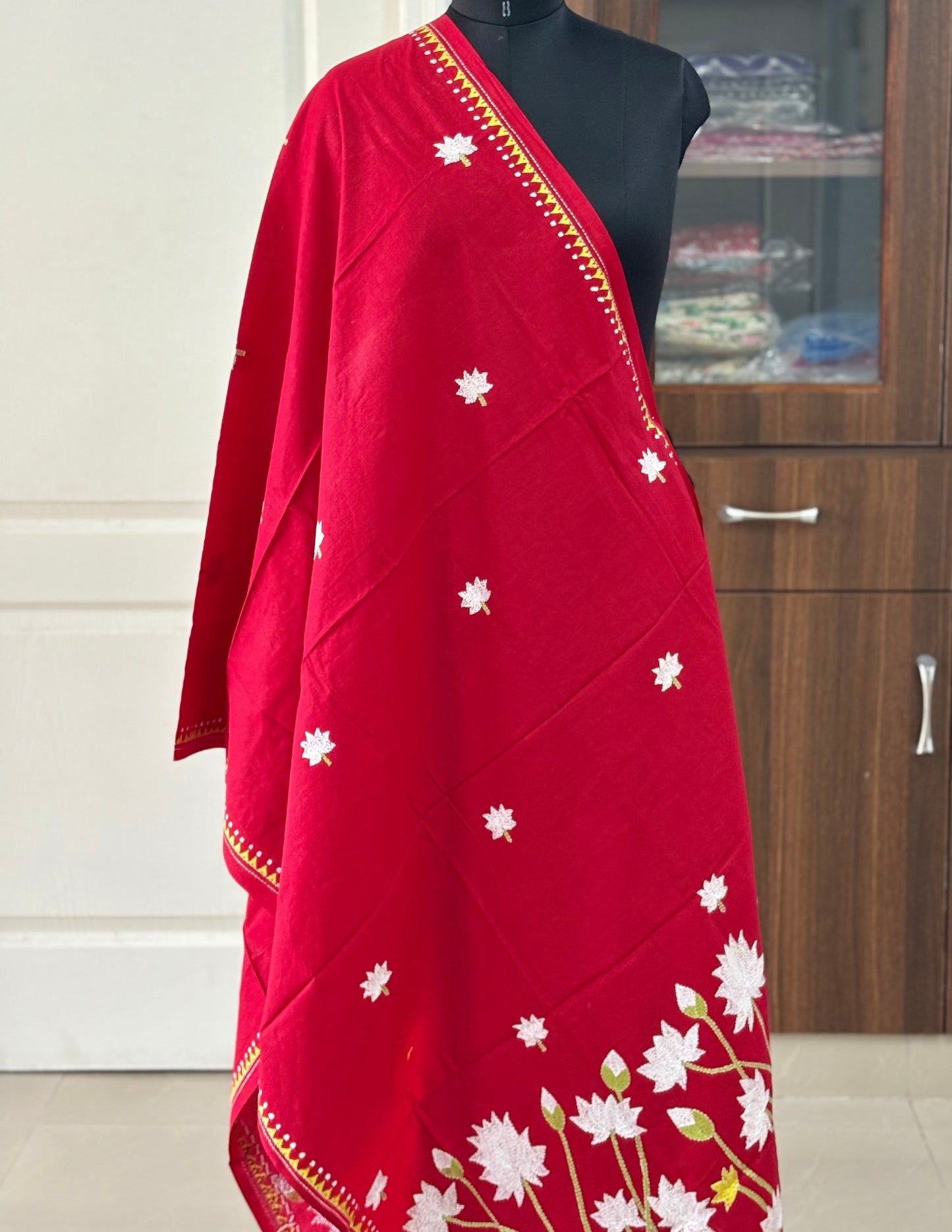 Kantha Hand Embroidary Full Work Pure Cotton Dupatta- Red “36”