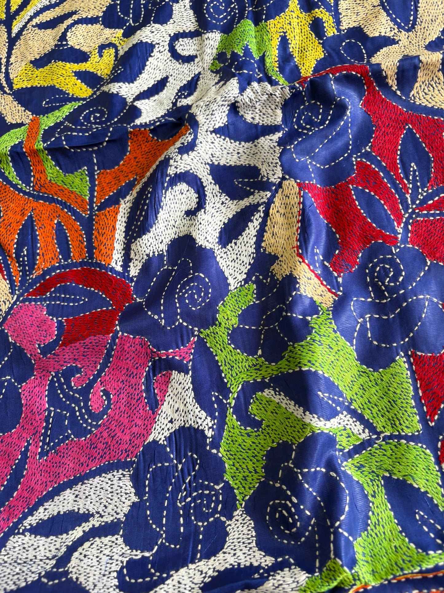 Kantha Hand Embroidered Blended Banglore Silk/Art Silk Saree With Blouse