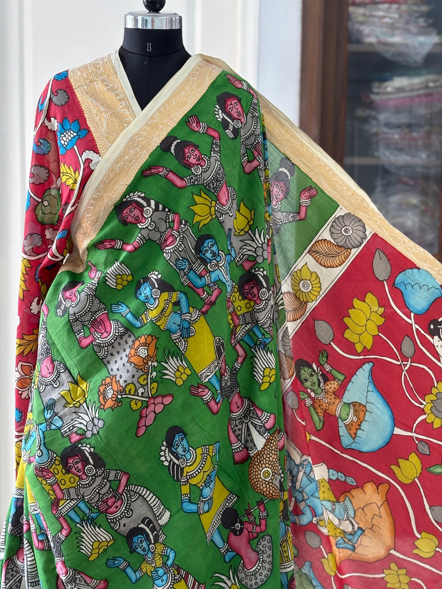 Pen Kalamkari hand painted pure cotton Saree with blouse