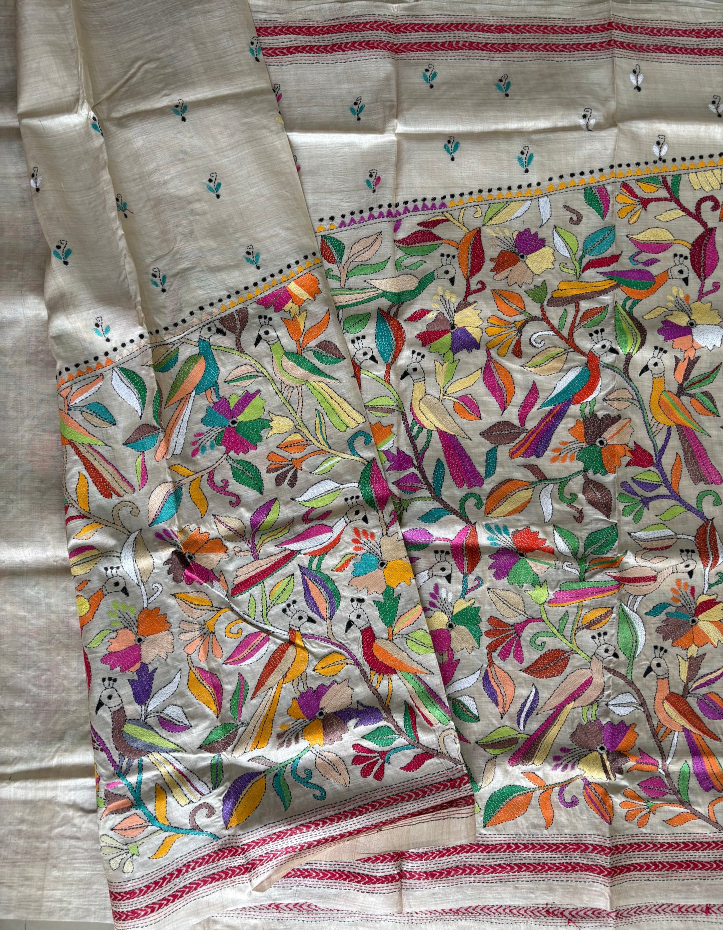 Kantha Stitch Hand Embroidered Pure Gachi Tussar Silk Saree