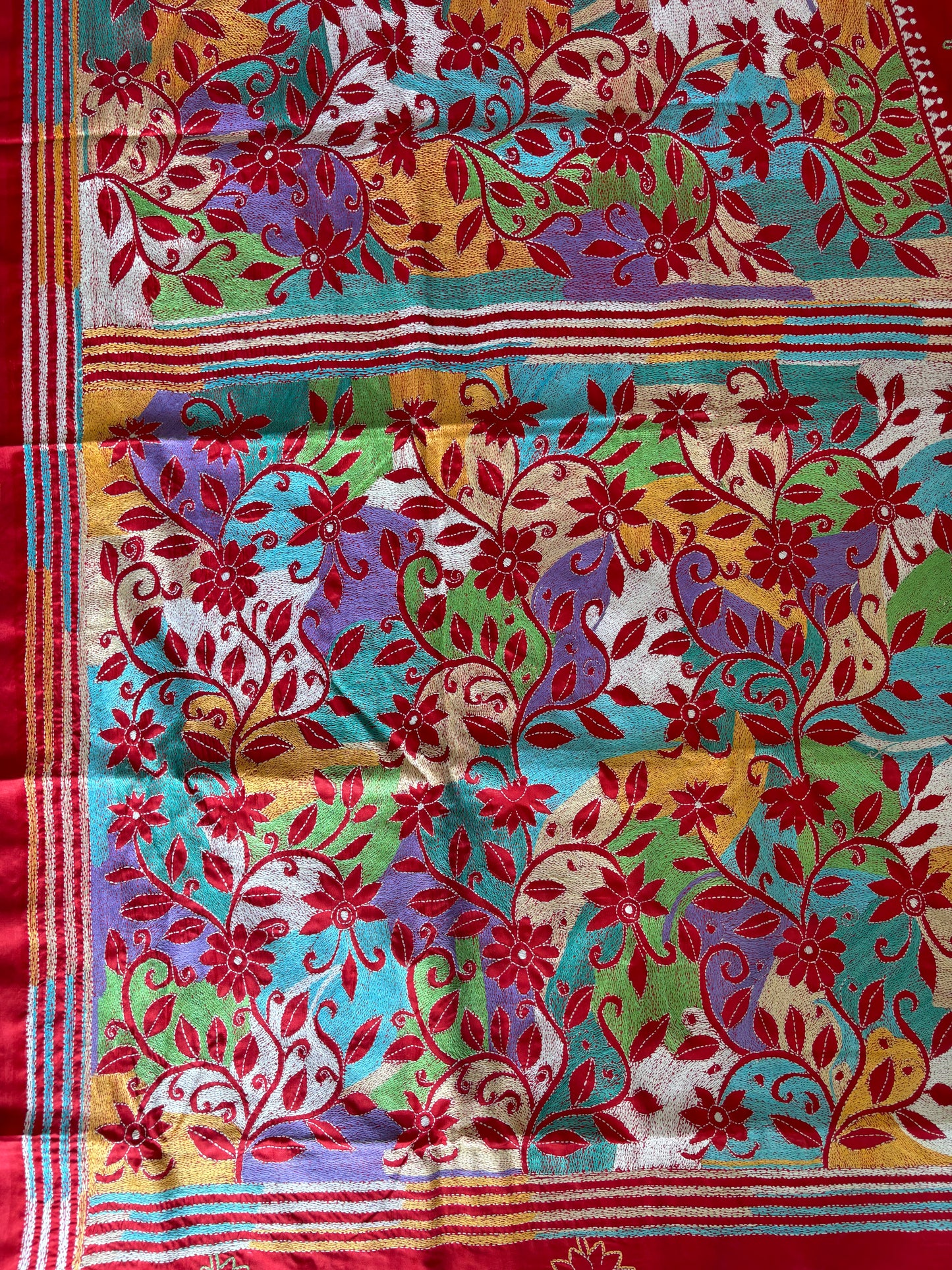 Kantha - Stitch Hand Embroidered Saree| Blended Bangalore Silk / Art Silk