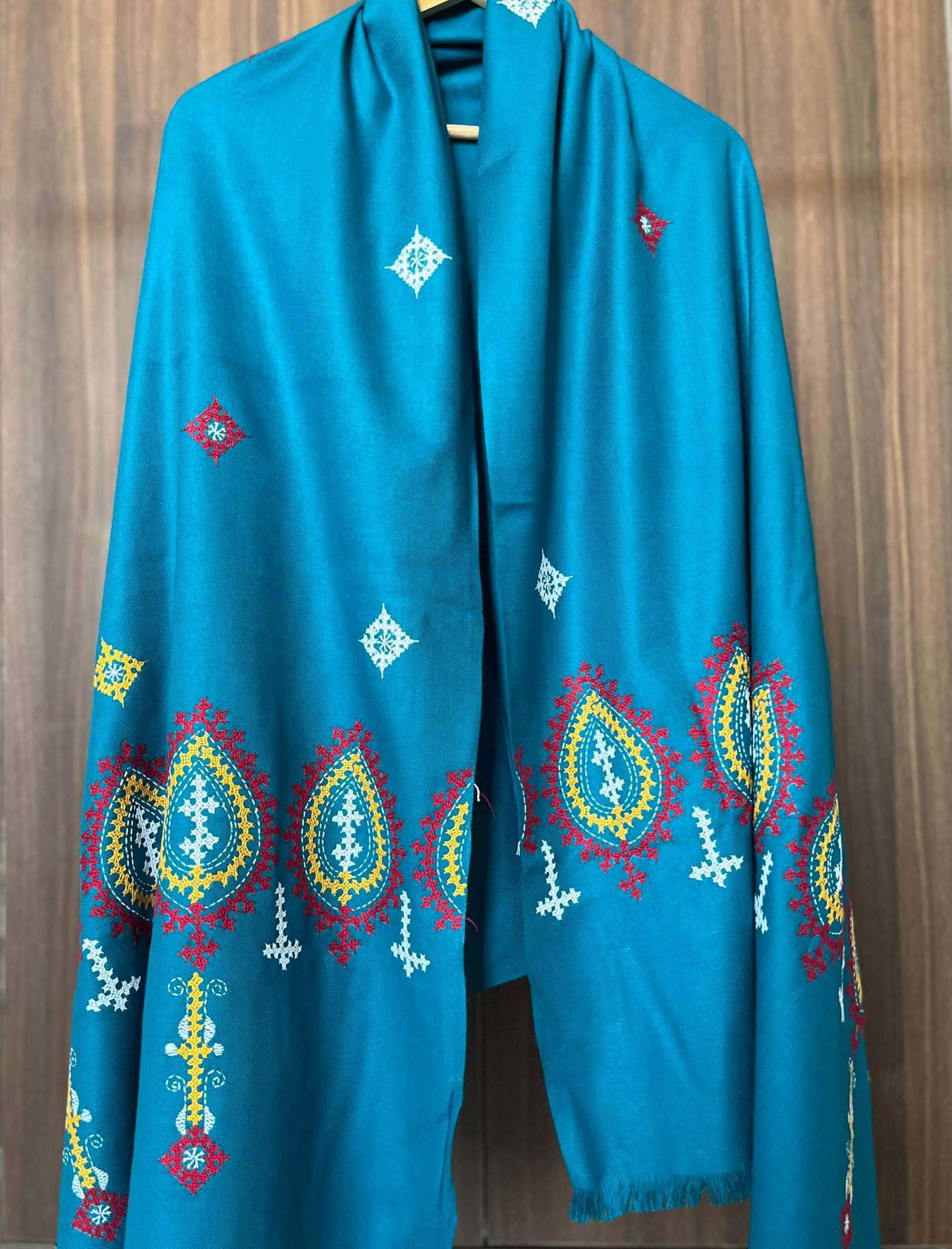 Gujrati Stitch Hand Embroidered Woollen Warm Shawl (Rama Green)