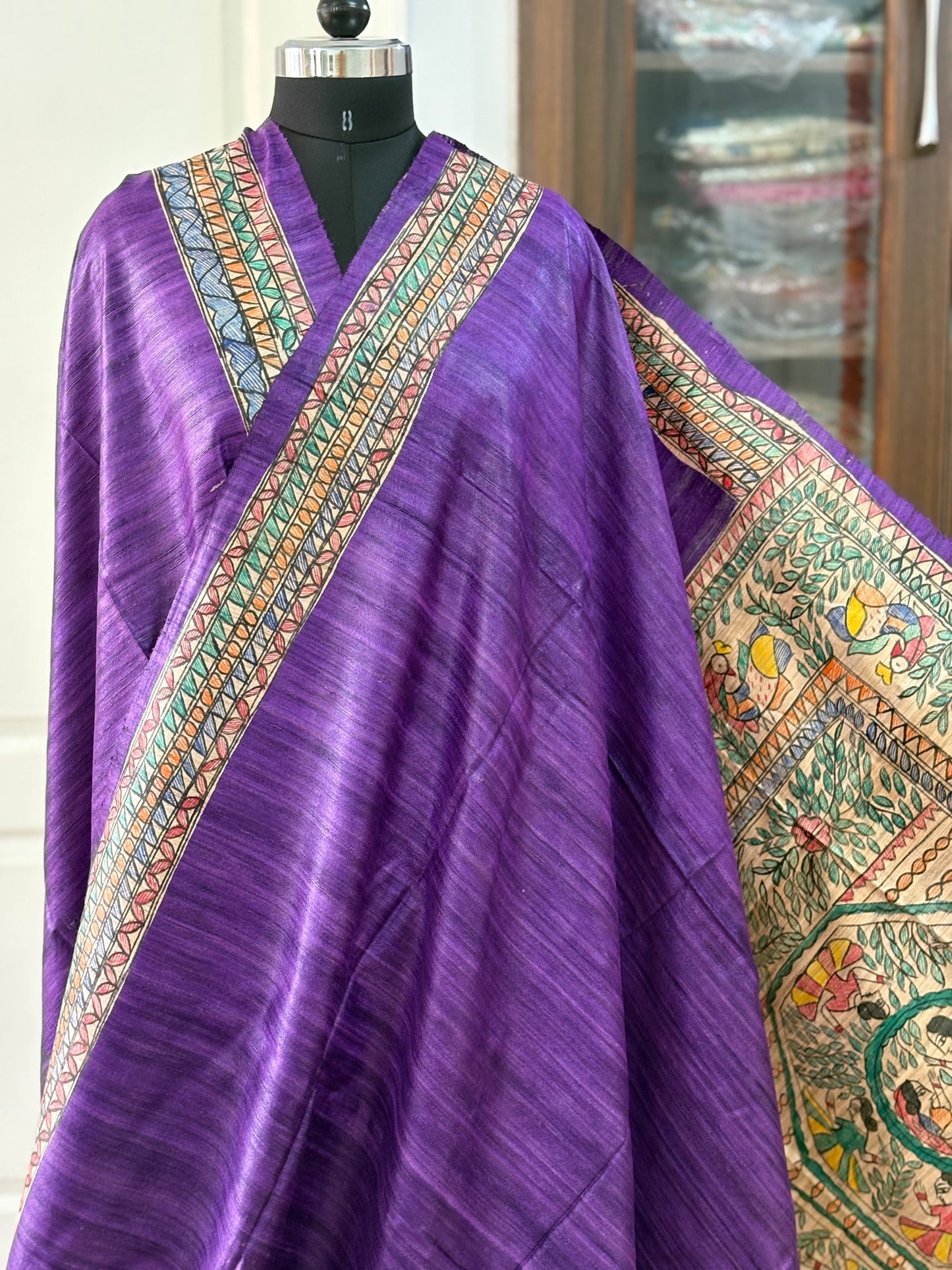 Pure Tussar Ghicha Silk Handcrafted Madhubani Saree (Silk Marked)