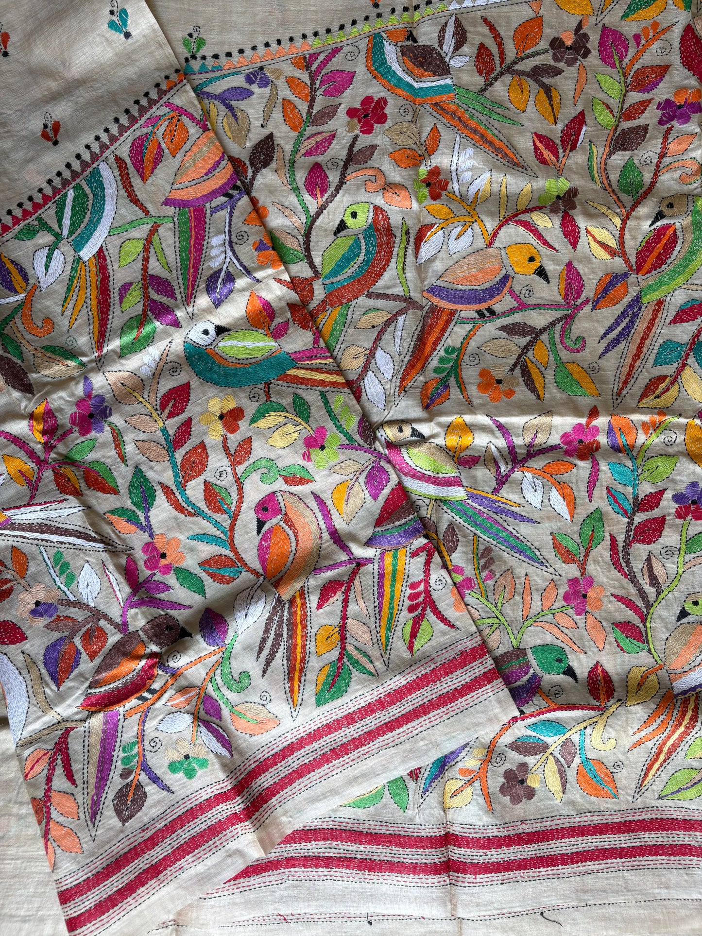 Kantha Stitch Hand Embroidered Pure Gachi Tussar Silk Saree (Silk Marked)