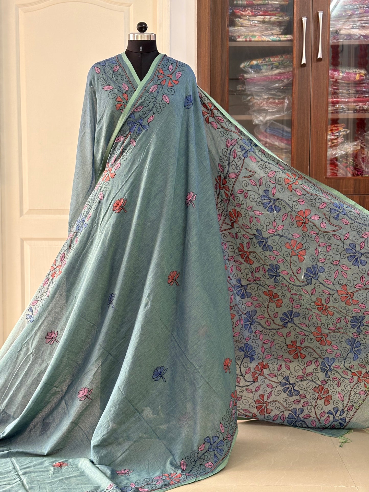 Kantha stitch Hand Embroidered Pure mul Cotton Saree
