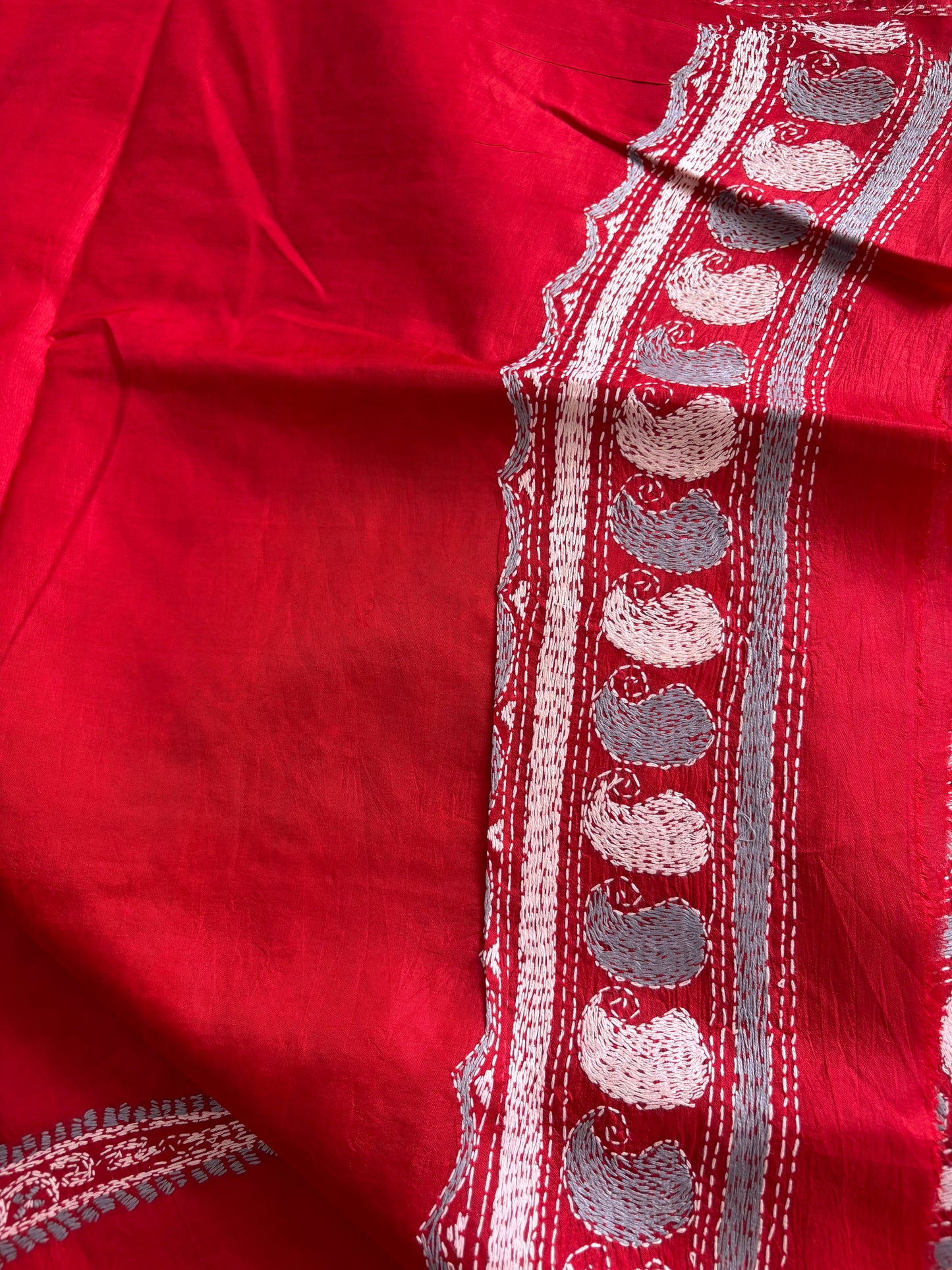 Red Kantha Stitch Hand Embroidered Pure Banglore Silk Saree (Silk Marked)