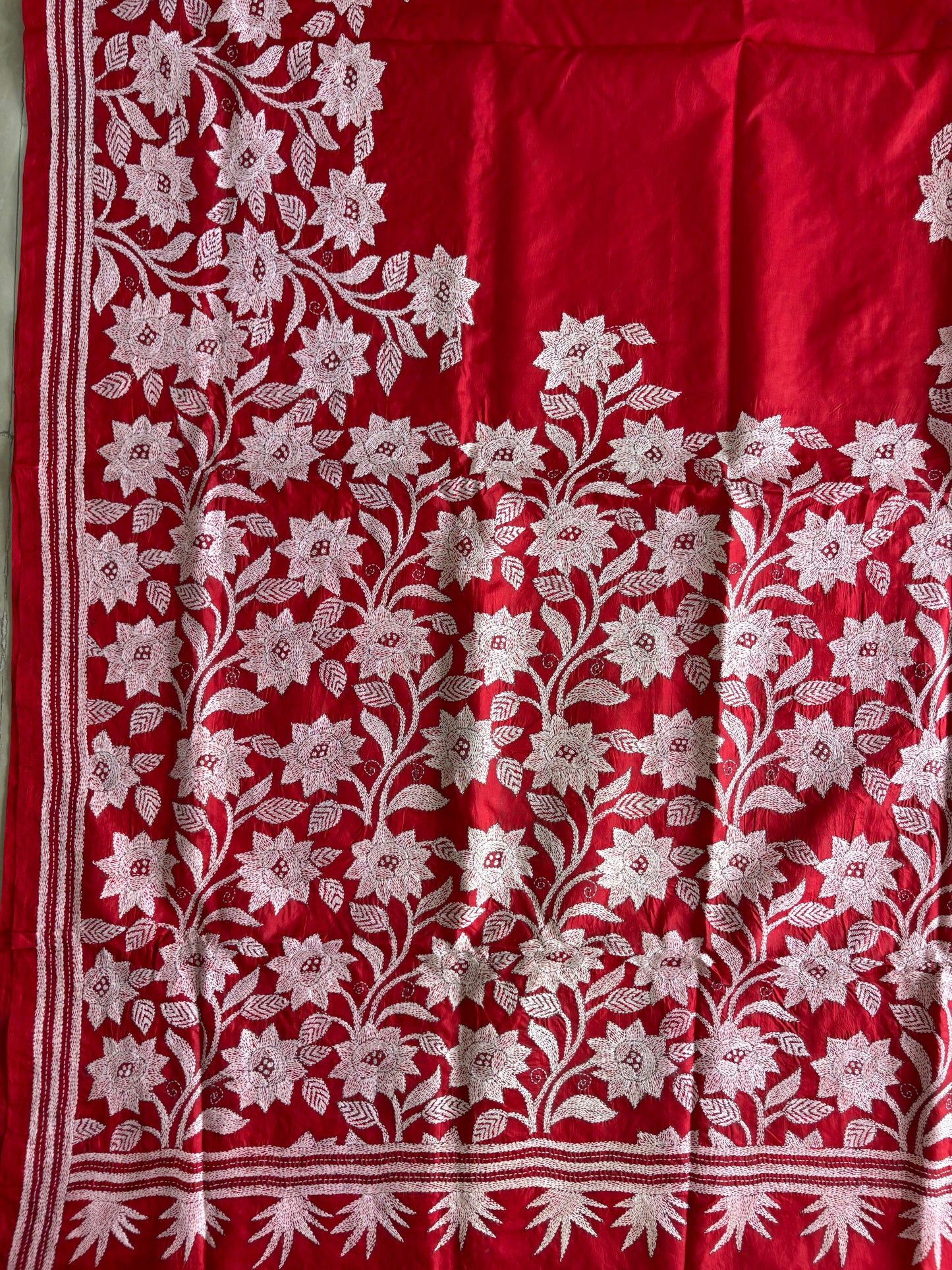 Kantha Stitch Hand Embroidered Pure Banglore Silk Saree (Silk Marked)