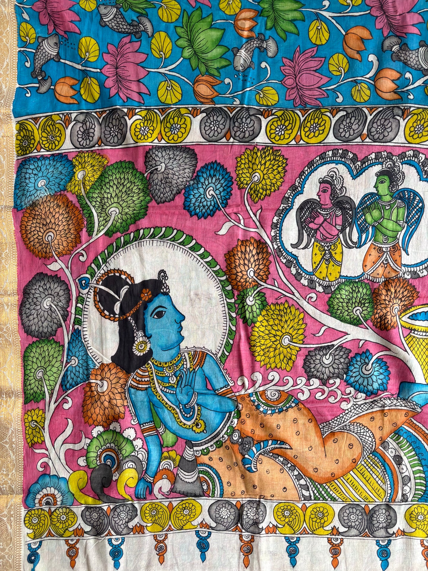 Pen Kalamkari hand painted pure cotton Saree with blouse