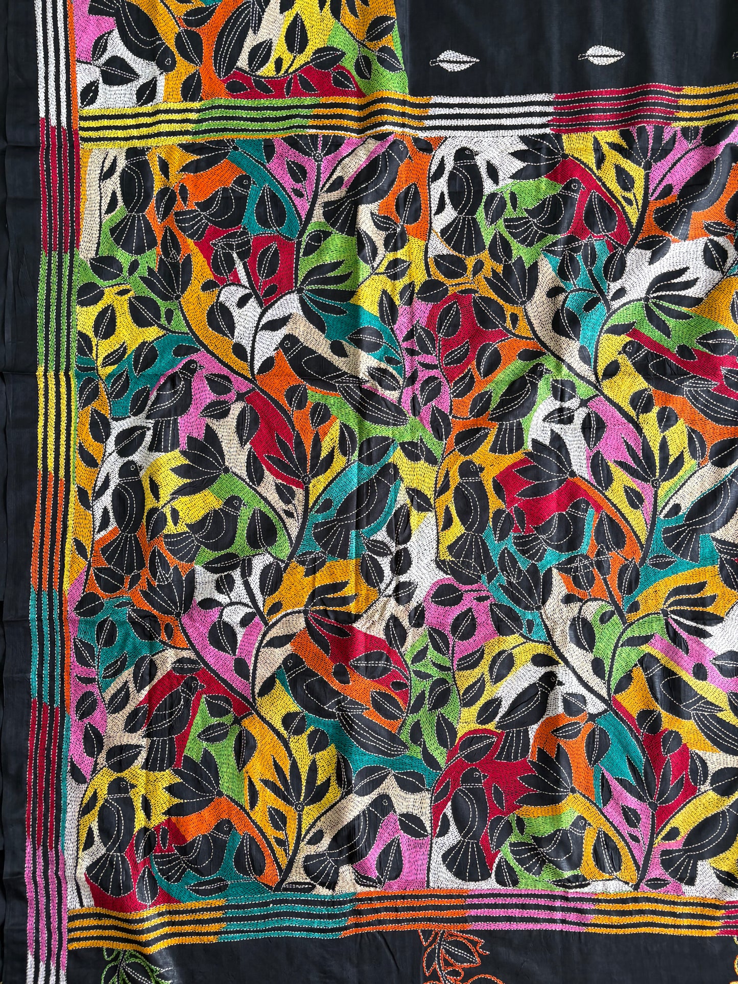 Reverse Kantha Stitch Hand Embroidered Art Silk Saree With Blouse