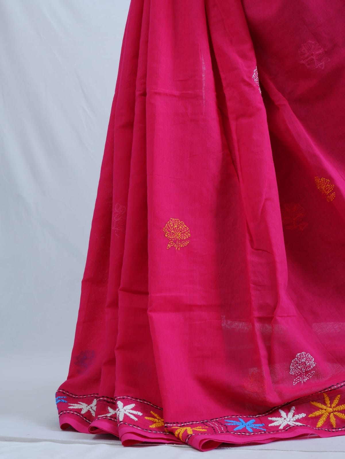 Kantha stitch Hand Embroidered Pure mul Cotton Saree