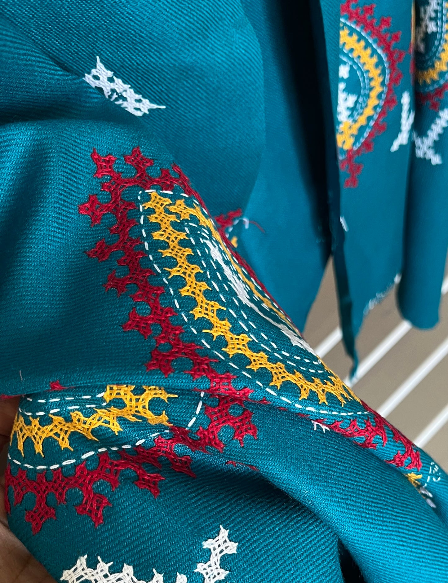 Gujrati Stitch Hand Embroidered Woollen Warm Shawl (Rama Green)