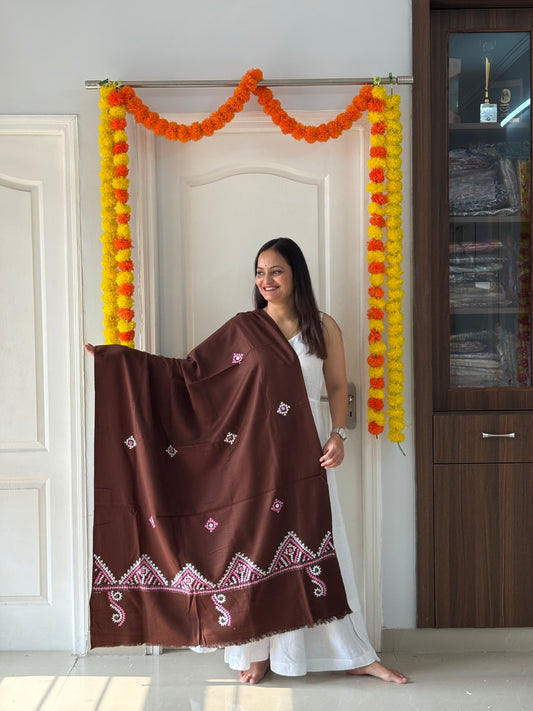 Gujrati Stitch Hand Embroidered Woollen Warm Shawl (brown)