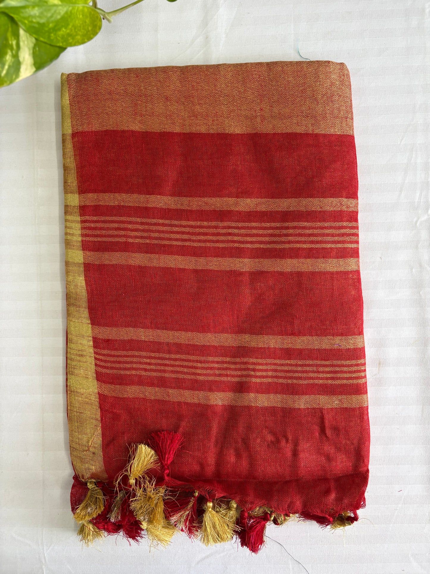 Red golden pure Linen By Linen Saree With running Blouse
