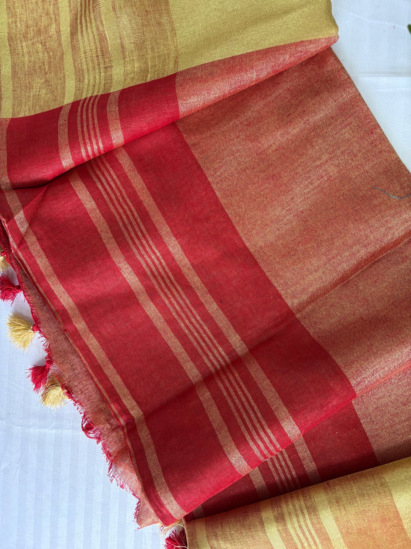 Red golden pure Linen By Linen Saree With running Blouse