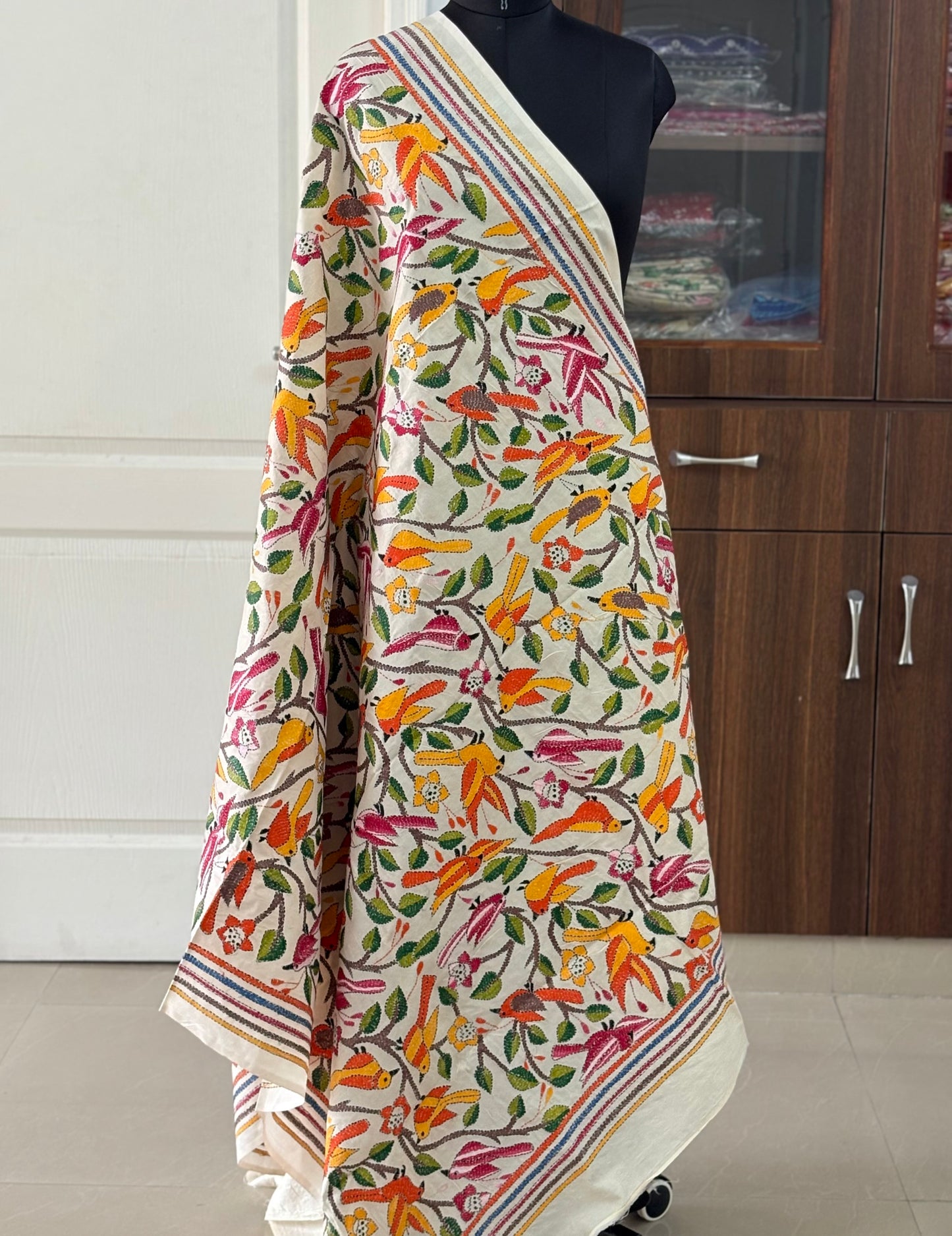 Kantha stitch hand embroidered heavy work Semi Tassar Silk Dupatta 44″