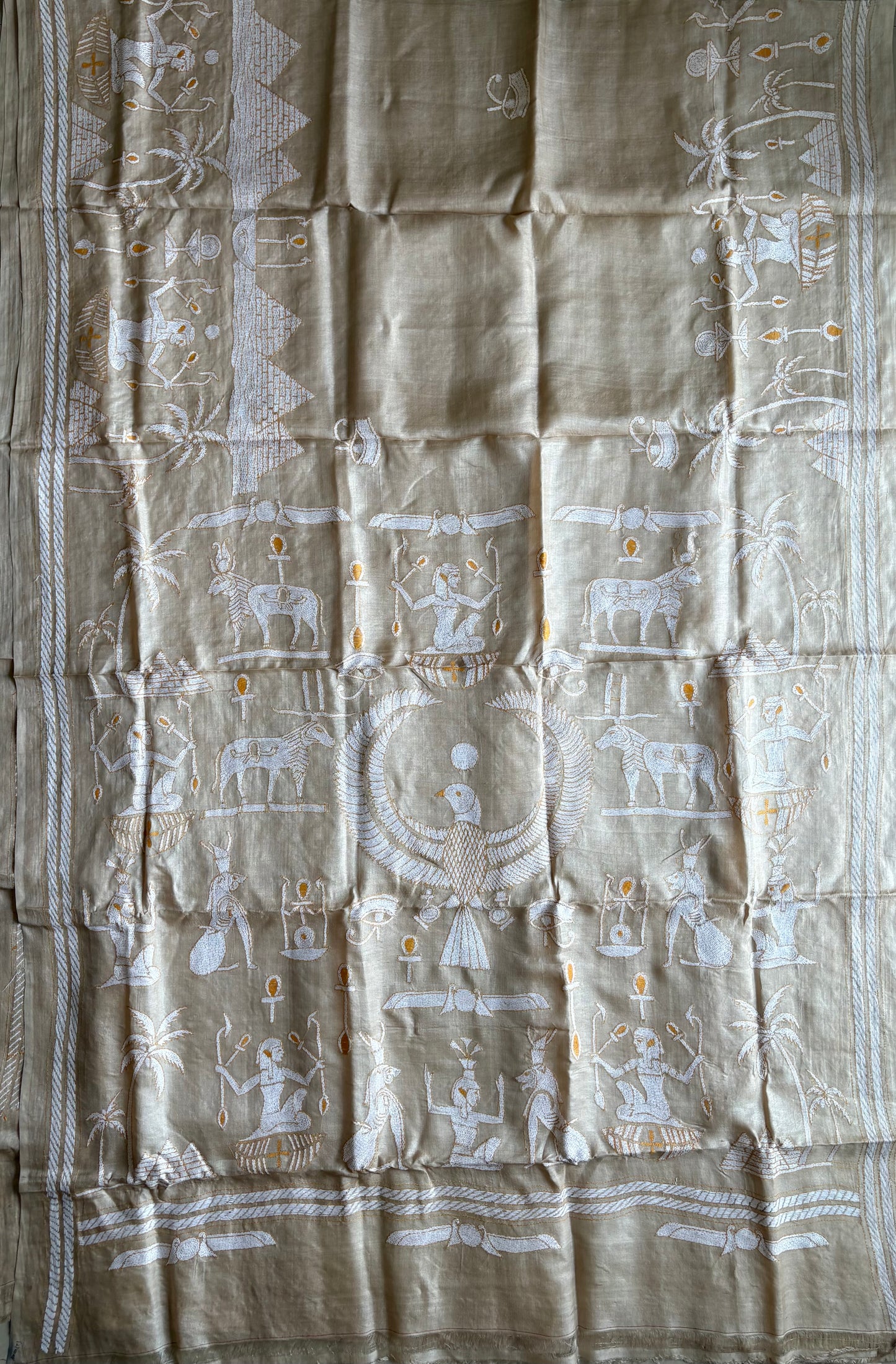 Kantha Hand Embroidery Pure Tussar Silk Saree – light beige