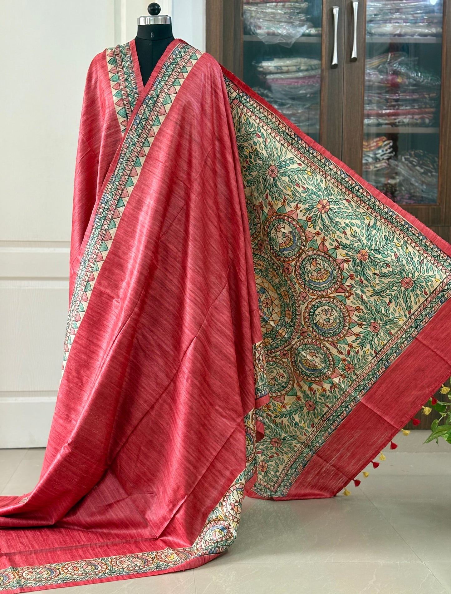 Pure Tussar Ghicha Silk Handcrafted Madhubani Saree (Silk Marked)