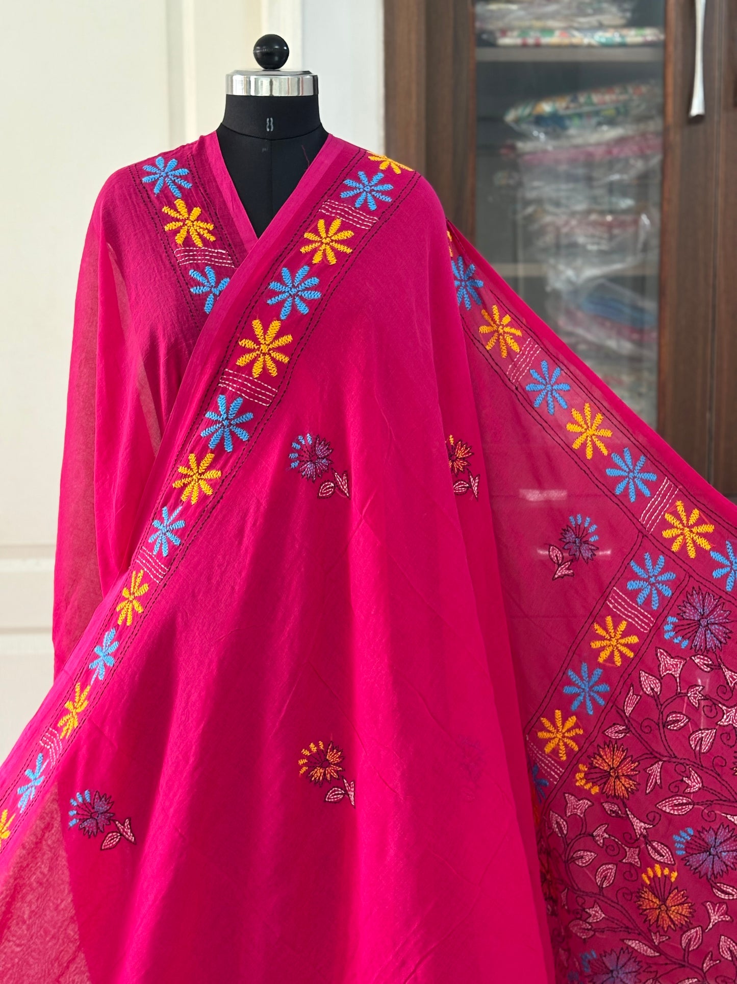 Kantha stitch Hand Embroidered Pure mul Cotton Saree