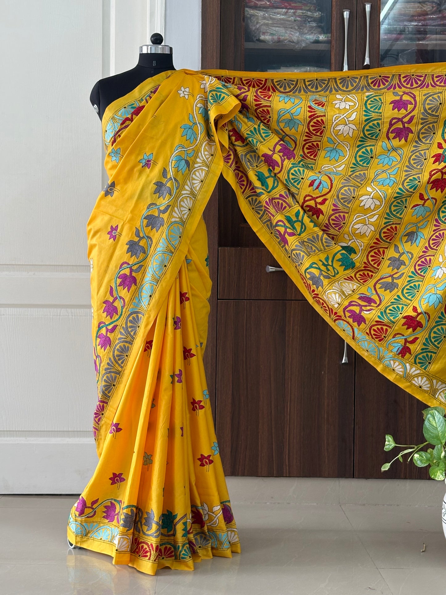 Kantha Hand Embroidered Blended Banglore Silk/Art Silk Saree With Blouse