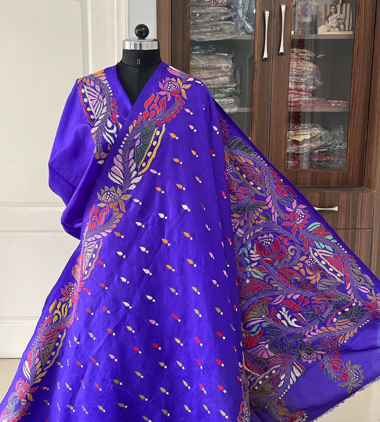 Blue Kantha Stitch Hand Embroidered Pure Banglore Silk Saree