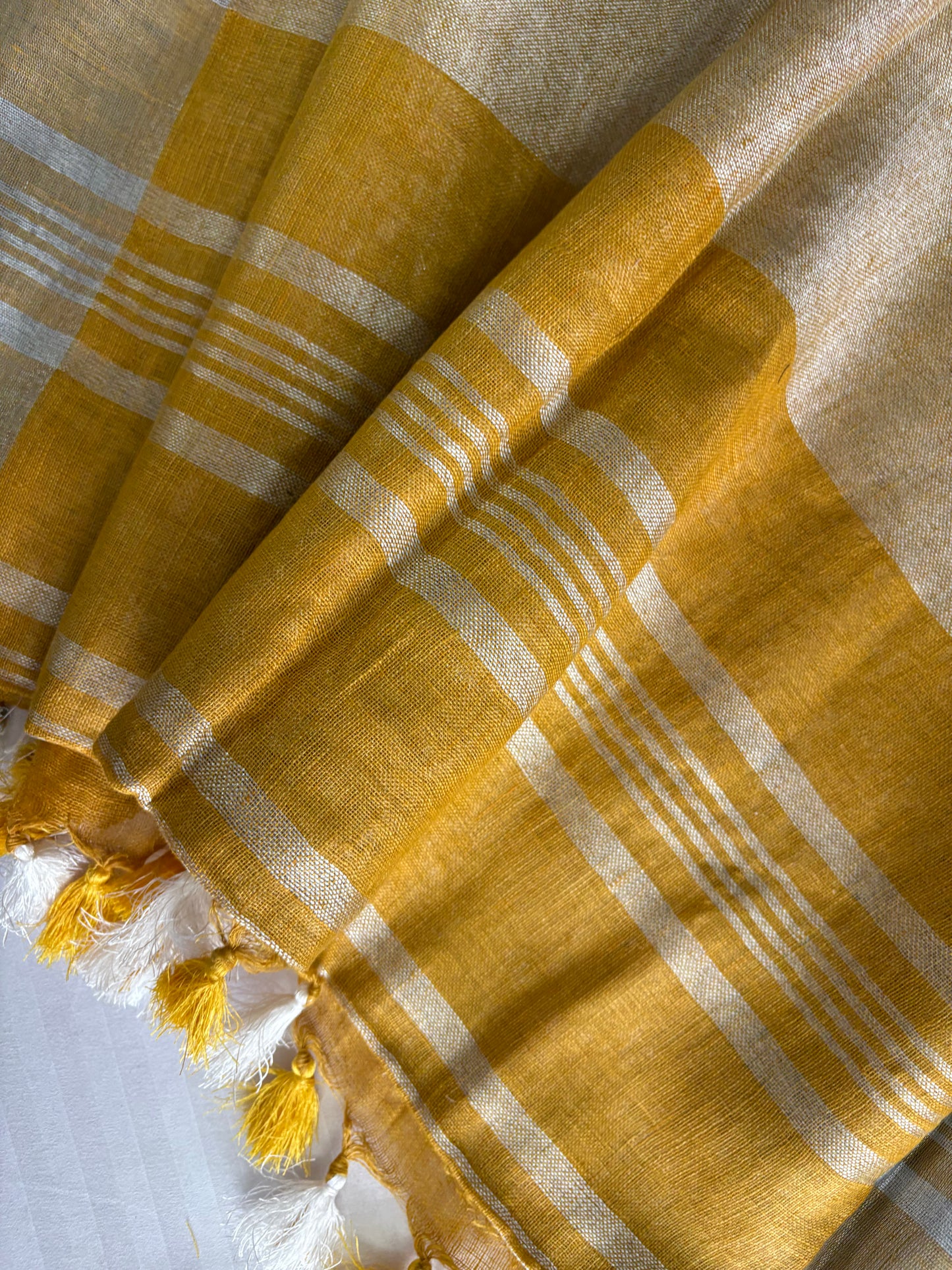 Mustard silver pure Linen By Linen Saree With running Blouse