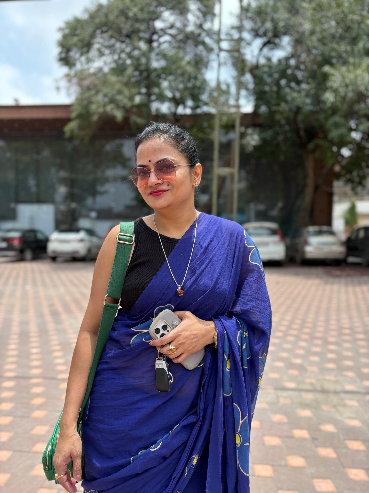Hand Painted Mul Cotton Saree - Dark Blue