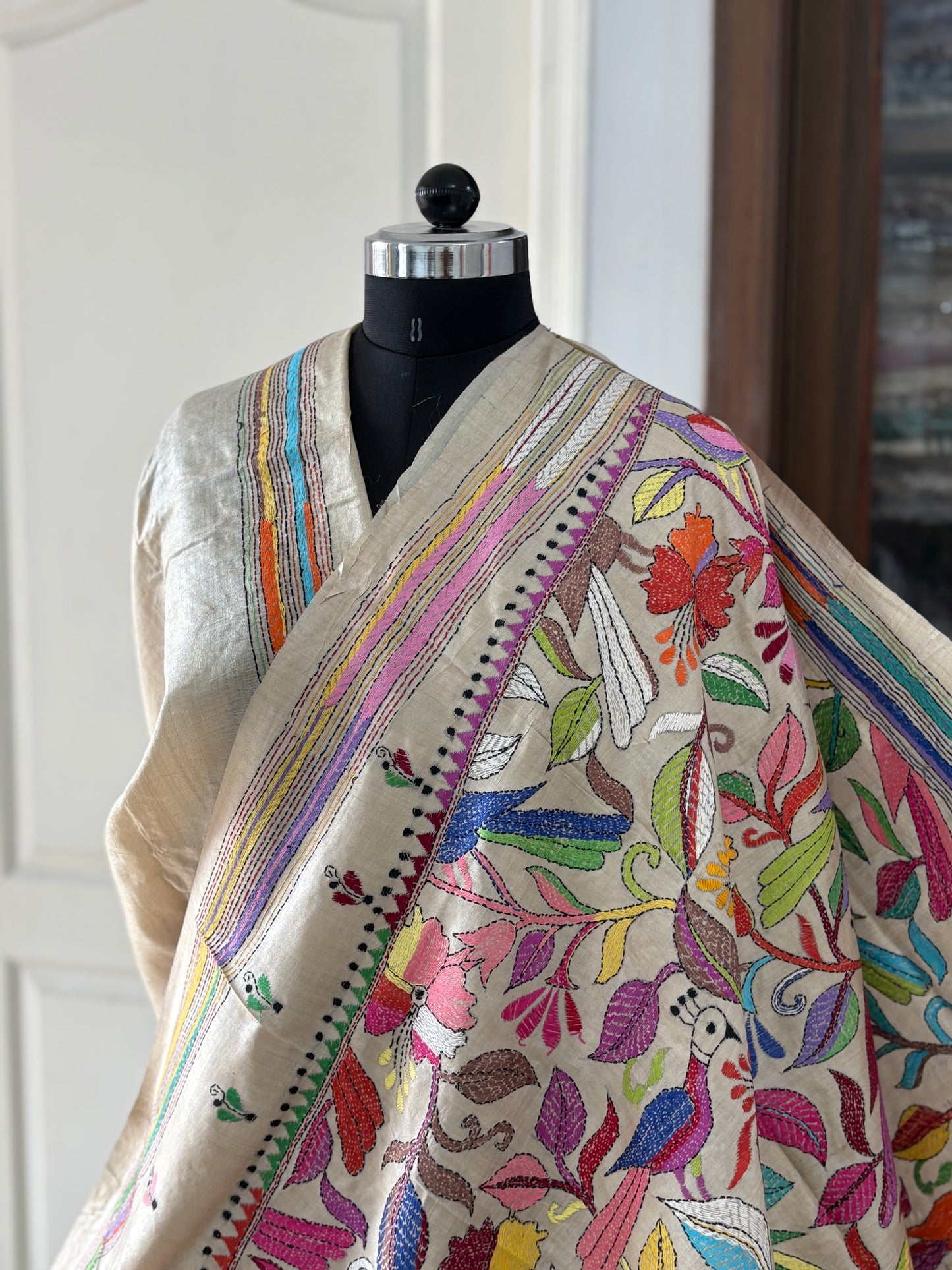 Kantha Stitch Hand Embroidered Pure Gachi Tussar Silk Saree (Silk Marked)